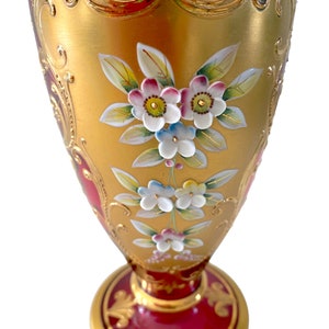 Rare Murano Ruby Red Glass Lamp Base: Gold Enamel Salvadori Flowers, Made in Italy