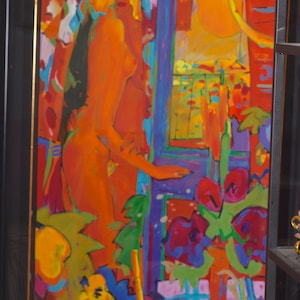 Manel Anoro Dos Hermanas Numbered Serigraph 1995.  66 by 46 inches.  Black and Gold Framed. Vintage Condition. Excellent Orignal Art Work