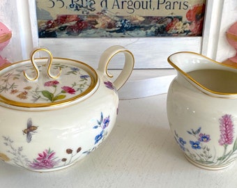 Beautiful Flora Lidded Sugar Bowl and Creamer Set. Vintage 1950s Krautheim Selb Bavaria Wiesengrund Bergeschohn