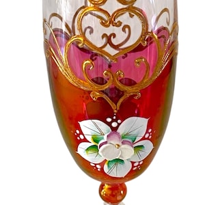 Vintage Venetian Pink Champagne Glass: Gold Enamel Salvadori Flowers, Made in Italy