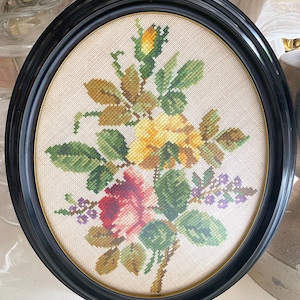 Vintage Nordic Needlepoint Floral Embroidery: Oval Framed Botanical Art