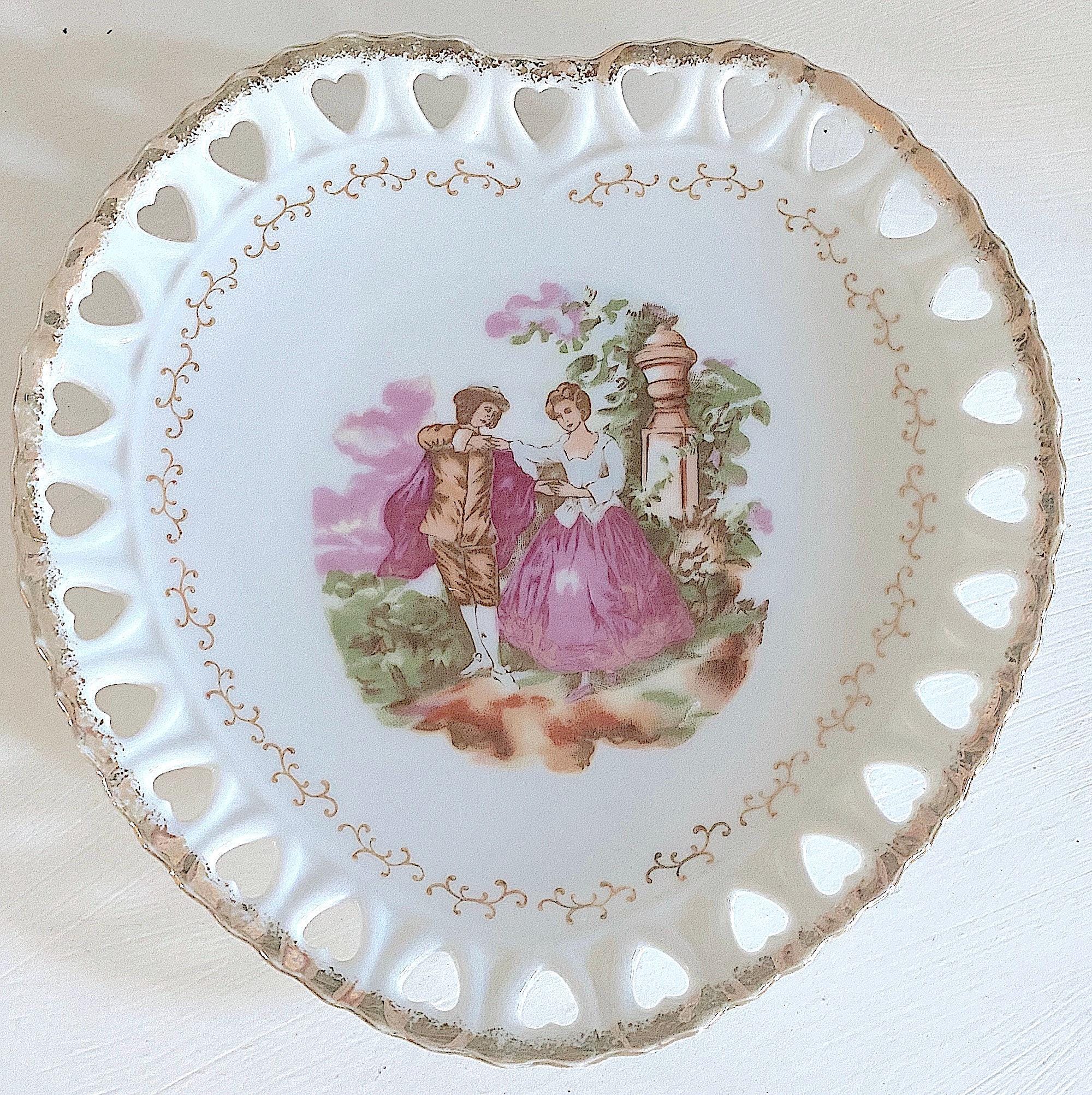 Rococo Ribbon Plate Vintage Heart Shape Rococo Porcelain Plate. Lace Trim. Courting Couple ...