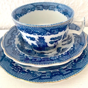 Vintage English Porcelain "Real Old Willow" Gold Trim Footed Cup and Saucer Set. Blue, White and Gold. Side Plate Option.