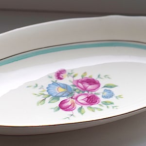 Arabia Finland Vintage 1950s Fajance Serving Pieces. Tellervo Pattern. Peony Lisianthus Flowers with Aqua Blue Band and Gold Trim.  Select: