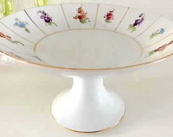 Beautiful Rare Antique 1940s Tirschenreuth Henriette Floral Gold Porcelain Footed Bowl