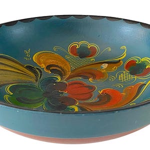 Wooden Bowl Norwegian Almue Blue Rosemaling Hand Crafted Folk Art. Heritage Traditional Heirloom. Norway. Vintage.
