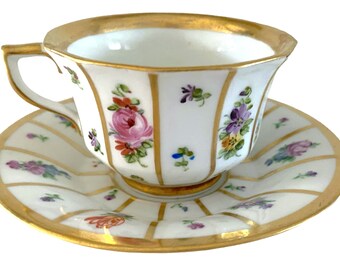 FLAWS REPAIR Royal Copenhagen Rare Antique Full Floral Henriette Demitasse Cup and Saucer. Denmark Heirloom Collectible.