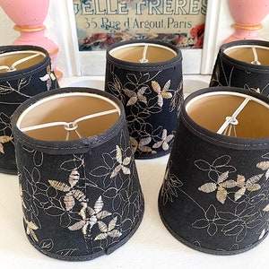 Vintage Black Lamp Shade: 1980s Nordic Floral Embroidery, Clip On