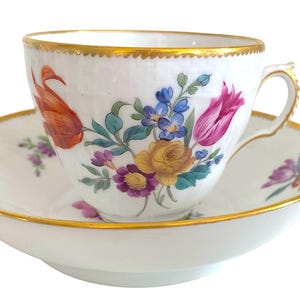 Royal Copenhagen Saxon Flower Cup and Saucer: Antique Denmark Porcelain, Gold Trim