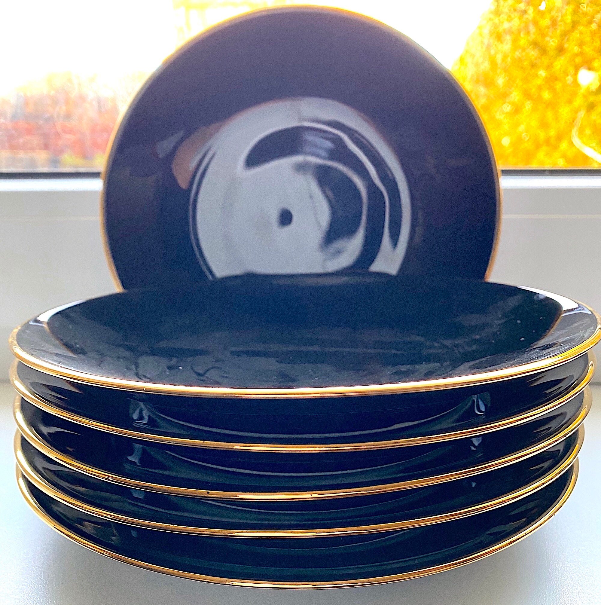 Very Rare Porsgrund Antique 1930s Art Deco Lunch Plate 18.5 cm Diameter. Black with Gold. Norway Heirloom Quality. Sold per Plate