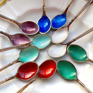 Royal Anton Michelsen Sterling Silver Enamel Demitasse Spoons - 1940s Set of 12