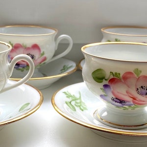 Vintage Rosenthal Thomas Bavaria Footed Demitasse Cup & Saucer Set. French Anemone Flowers Gold Accent. Fine Condition. Sold pr Set