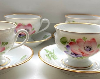 Vintage Rosenthal Thomas Bavaria Footed Demitasse Cup & Saucer Set. French Anemone Flowers Gold Accent. Fine Condition. Sold pr Set