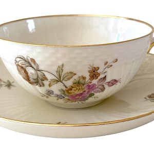 Rare Tea Cup Set Royal Copenhagen Floral Frijsenborg. Green Orange Peony. Denmark 1950s. Heirloom First Class. Sold pr Cup and Saucer Set.