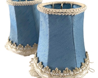 SET OF 2 Vintage 1950s French Chic Petite Lamp Shade. Clip On. Blue Linen Satin with Double Tassel Trim.  Beautiful Details.