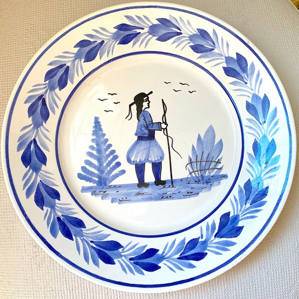 Vintage French Quimper Large Round Plate 23 cm Diameter. Blue Motive Traditional  Breton Farmer Heirloom Collectible.