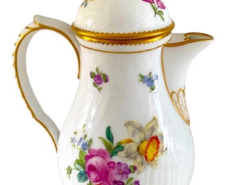Royal Copenhagen Full Saxon Flower Coffee Pot. Antique 1900 Denmark Porcelain First Class