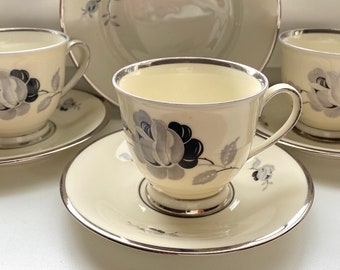 Trio Set Coffee Cup, Saucer and Cake Plate Set. Antique 1920s Black Rose with Silver Tone Trim Fine Porcelain. Royal Crown KPM Denmark.