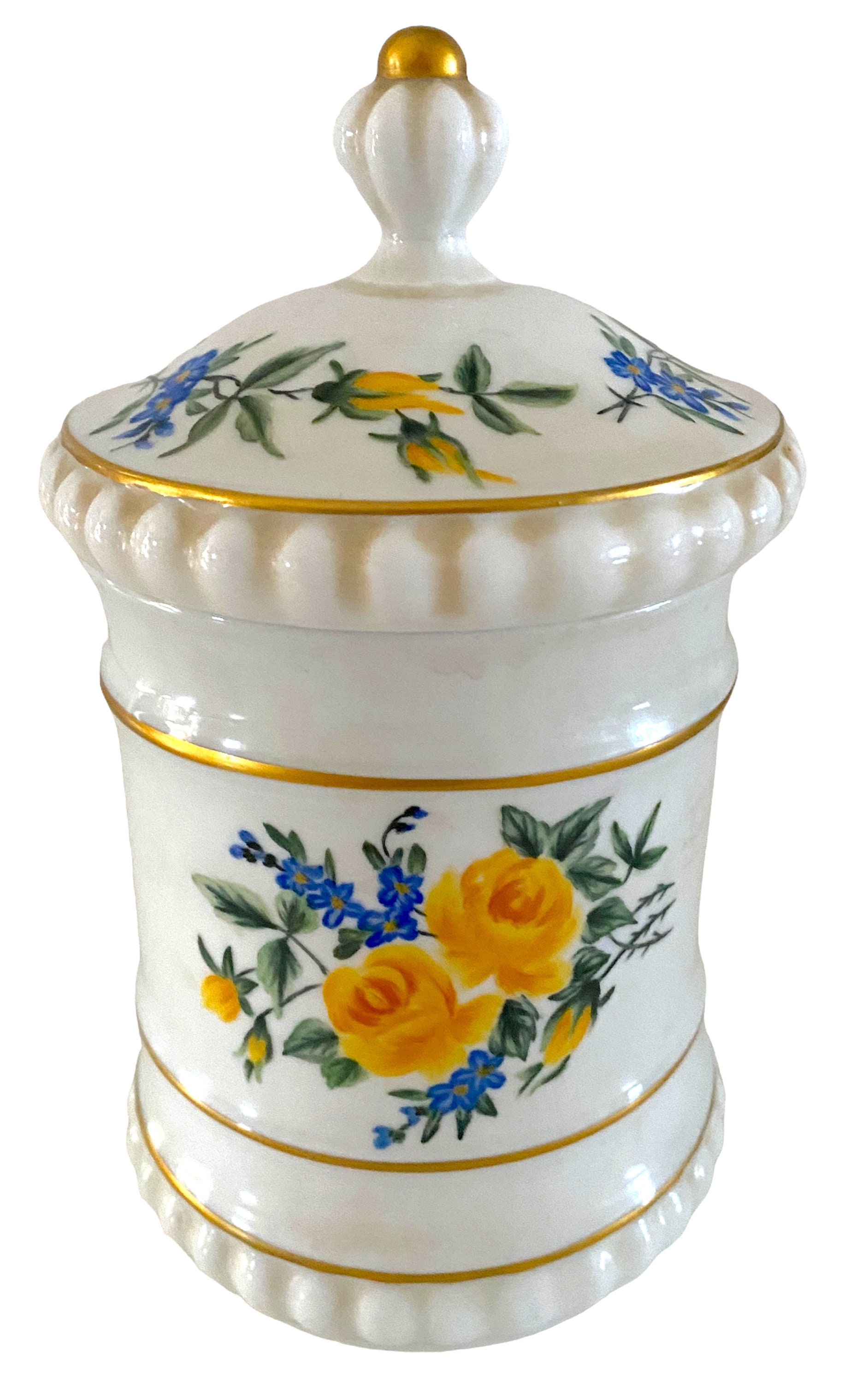Sold at Auction: Vintage Yellow Hand Painted Glass Cookie Jar with lid, 10  x 6 Dia., EC