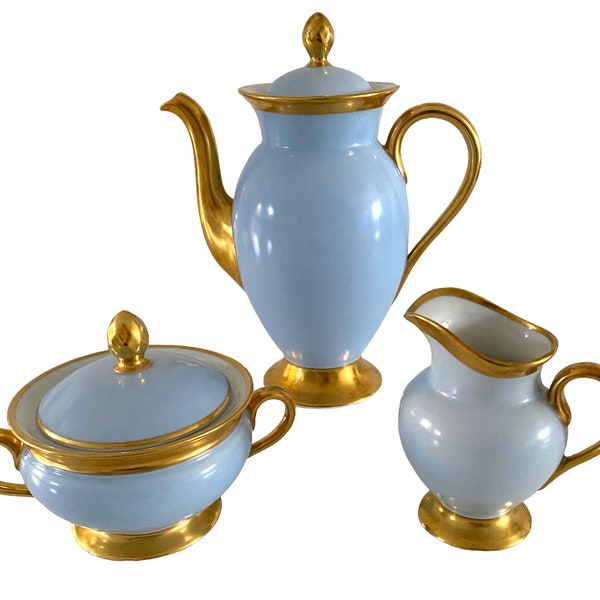 Very Rare Antique 1920s Empress Serving Pieces. Coffee/Tea Pot, Creamer or Lidded Sugar Bowl. KPM Denmark. Pastel Blue with Gold. Select