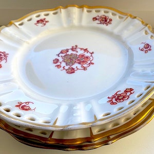 Beautiful Dahl Jensen Belle Epoque Queen Cake/Bread Plate.  Cut Lace Trim. Gold Accent. Antique 1890-1910s. Sold per Plate