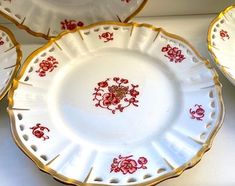 Beautiful Dahl Jensen Belle Epoque Queen Cake/Bread Plate.  Cut Lace Trim. Gold Accent. Antique 1890-1910s. Sold per Plate