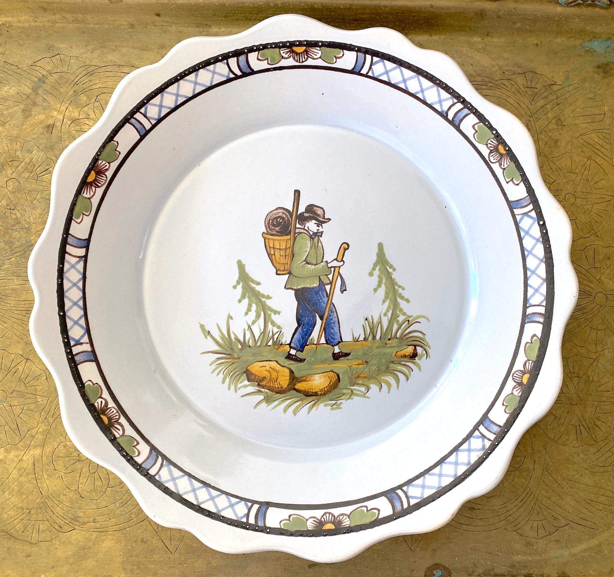 Vintage French Fajance Plate: Hand-Painted Folk Art, Scalloped Edge