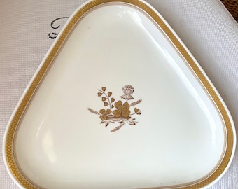 Rare Royal Copenhagen Triangular Serving Plate.  1. Class Antique 1940s Liselund Botanical Gold Accent Denmark Heirloom Collectible.