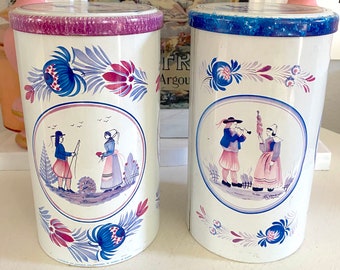 SET OF 2 Vintage French Quimper Tall Round Cookie Tins. Classic Breton Couple  Heirloom Collectible. Made in France.