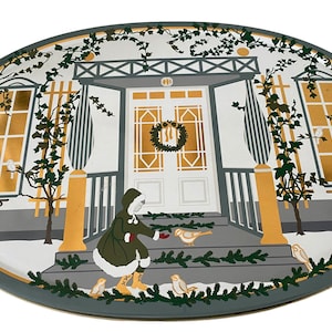 Seltene Oval Bisquit Dose Vintage Danish Royal Copenhagen. Dänisches Weihnachtsthema Graublau, Dunkelgrün und Gold. Klassisches Nostalgisches Jul Motiv.