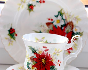 Royal Albert Christmas Fine Bone China Red Poinsettia Gold Accent Coffee/Tea Cup and Saucer Set. With Cake Plate Option. Heirloom Collection