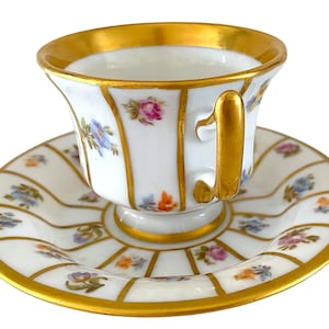 Vintage Pirkenhammer Demitasse Cup and Saucer Set: Bavaria Henriette Floral Gold Porcelain