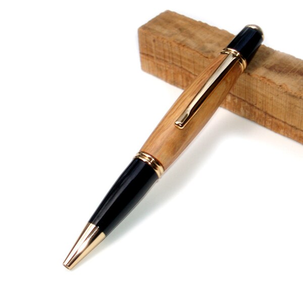 Handmade Wooden Twist Pen – 24Kt Gold with Olive Wood – Fine Writing Pen