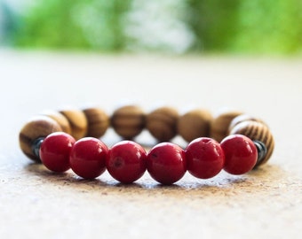 Red Coral & Wooden Beads bracelet 8 mm, Mens Beaded Bracelet, Coral Bracelet, Womens Bracelet, Unisex Bracelet, Gemstone Bracelet