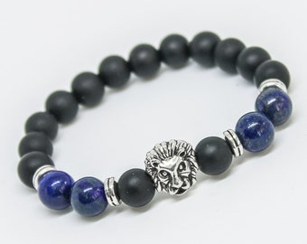 8mm Lapis Lazuli and Black Matte Onyx Mens Bracelet Lion head Gift for Men Gift for Friend, Gift for Boyfriend Mens Bracelet
