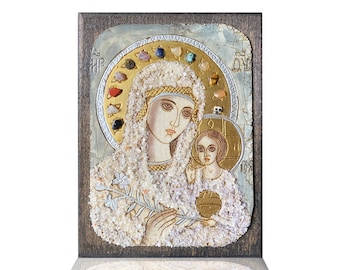 Virgin Mary,  Child Jesus, Handmade icon, Handmade icon with Amethyst and Calcite, Orthodox icon on wood handmade, Gemstone Icon