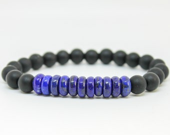 Bracelet pour homme en lapis lazuli et onyx noir mat, bracelet en lapis lazuli lazuli non teint pour petite amie, cadeau pour petit ami,