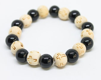 Wood and Tourmaline Bracelet Carved wood Black Beads Bracelet Cross Bracelet Men Bracelet Wooden jewelry Cross Bracelet