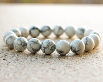 White Howlite Bracelet 10mm, Magnesite, Mens Beaded Bracelet, Bracelet for Women, White Gemstone Bracelet, Magnesite Bead Bracelet