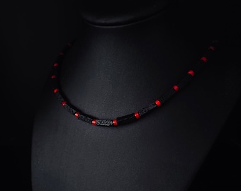 Collana da uomo in pietra lavica e corallo rosso, Collana da uomo in pietra preziosa naturale, Collana da uomo in roccia vulcanica, Regalo per uomini, Girocollo da uomo, Regalo per lui