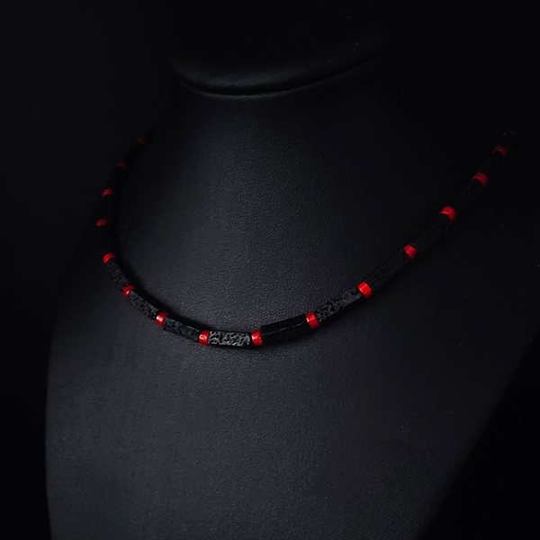 Collana da uomo in pietra lavica e corallo rosso, Collana da uomo in pietra preziosa naturale, Collana da uomo in roccia vulcanica, Regalo per uomini, Girocollo da uomo, Regalo per lui