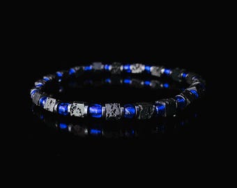 4mm Square Lava stone with blue glass bead and hematite, Mens Bracelet, Volcano Mens Bracelet, Gift for Men, Mens Bracelet Gift for Him
