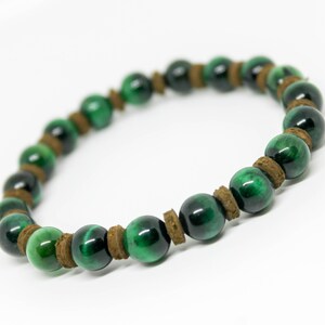 Green Tiger eye & Leather bracelet Mens Beaded Bracelet Bracelet for Men Bracelet for Women Tiger Eye Bracelet Stretch Bracelet Gift for Men