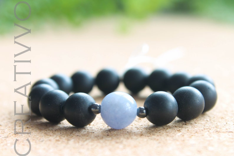 10mm Aquamarine, Hematite & Black Matte Onyx Mens Beaded Bracelet, Womens Bracelet, Gemstone Bracelet, Unisex Bracelet, Natural Bracelet image 3