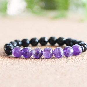 8mm Amethyst & Black Matte Onyx Bracelet - Gemstone Bracelet, Amethyst Bracelet, Womens Bracelet, Handmade Bracelet