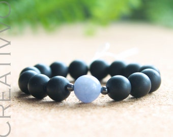 10mm Aquamarine, Hematite & Black Matte Onyx - Mens Beaded Bracelet, Womens Bracelet, Gemstone Bracelet, Unisex Bracelet, Natural Bracelet