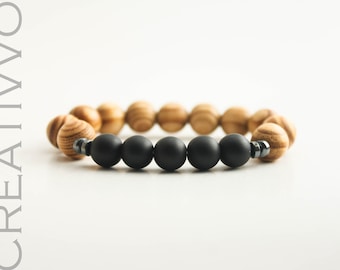 8mm Wooden Beads, Hematite & Black Matte Onyx - Mens Beaded Bracelet, Womens Bracelet, Gemstone Bracelet, Natural Bracelet, Mens Bracelet