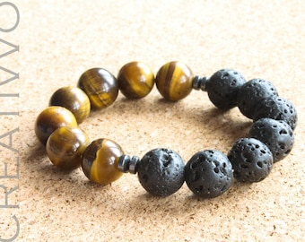 Tiger eye & Lava stone bracelet 10mm - Tiger eye - Stone of luck and good fortune, Mens Beaded Bracelet, Tiger Eye Bracelet, Womens Bracelet