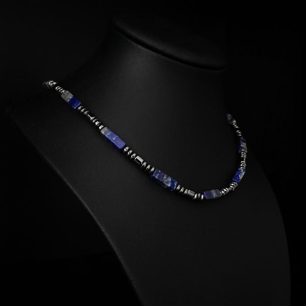4mm Lapis Lazuli and Hematite Mens Necklace, Mens Natural Gemstone Necklace, Azurite Mens Necklace, Gift for Men, Mens Choker, Gift for Him