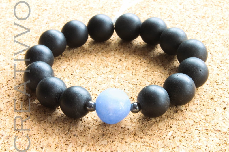 10mm Aquamarine, Hematite & Black Matte Onyx Mens Beaded Bracelet, Womens Bracelet, Gemstone Bracelet, Unisex Bracelet, Natural Bracelet image 2